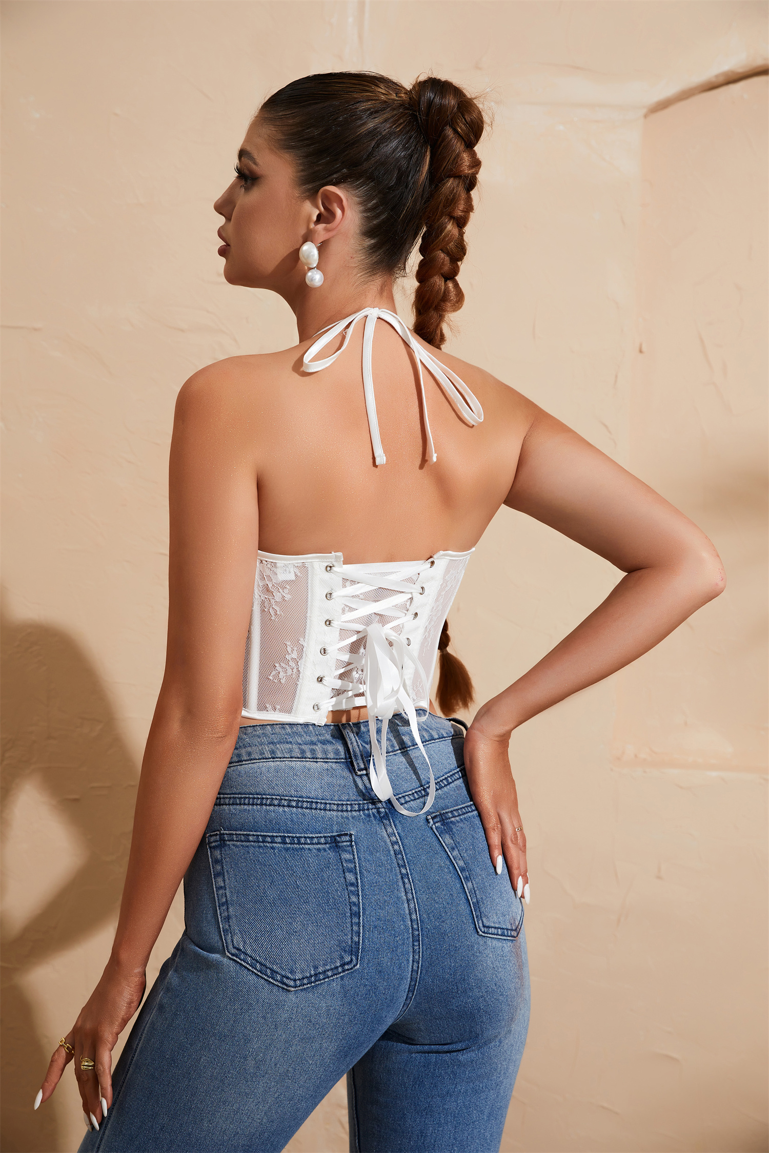 Solid Corset Lace Splicing Halter Top Elegant Women Corset Top